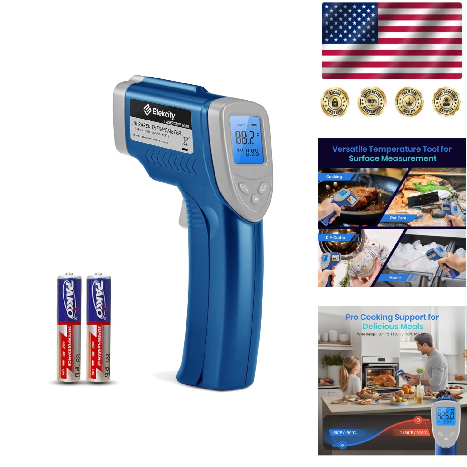 High Accuracy Non-Contact Laser Thermometer -58°F to 1130°F for Food & Reptiles