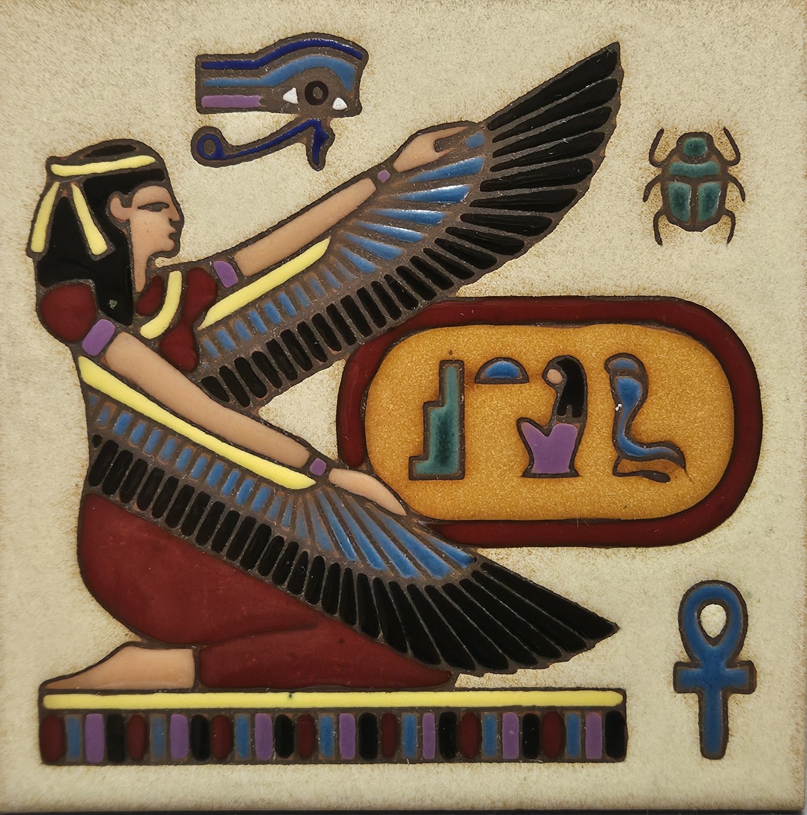 Vintage Egyptian Motif 6" Tile w/ God Ma'at Eye Of Horus Scarab Beetle Designs