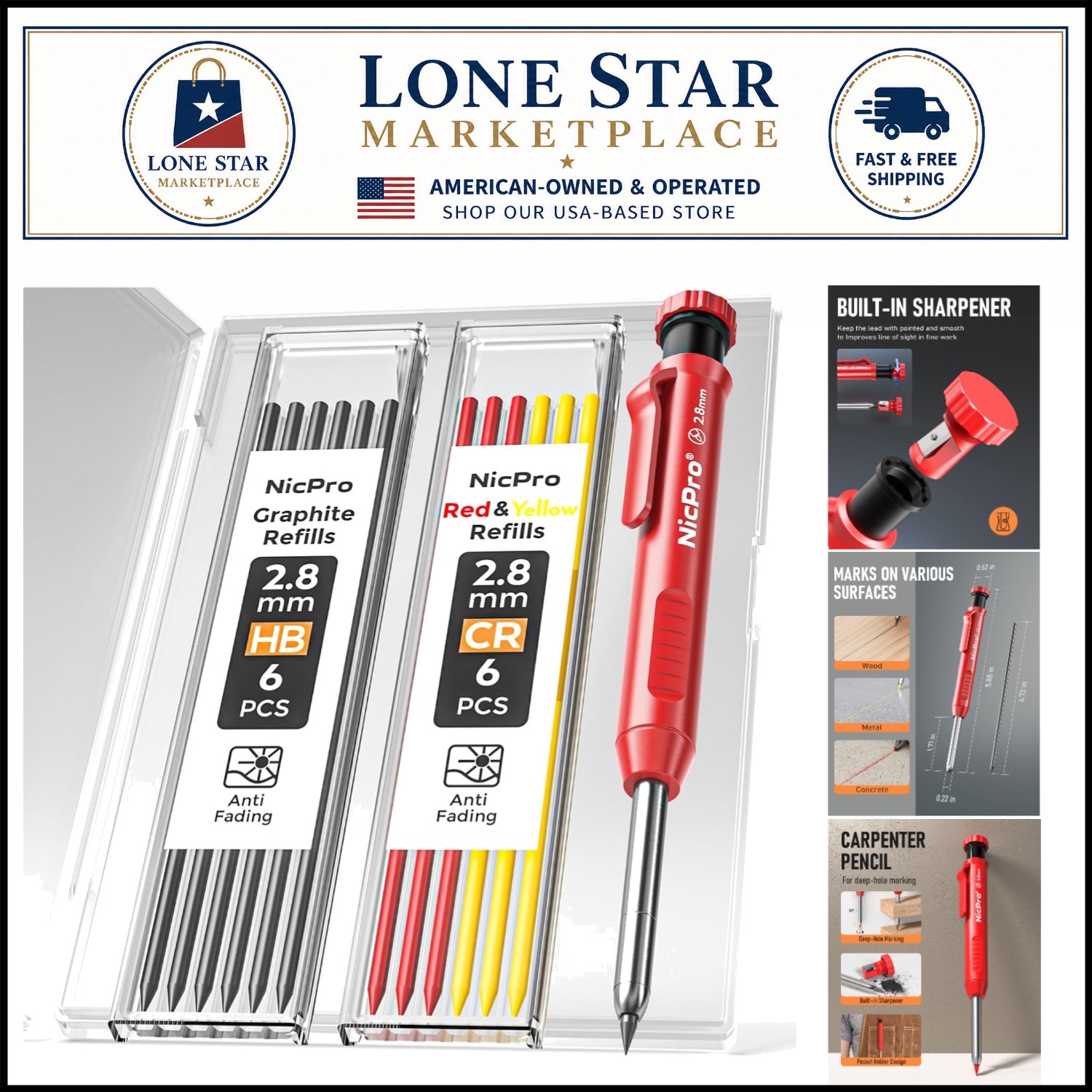 Ergonomic Construction Pencil with Built-in Sharpener & 13 Refills for Craftsmen
