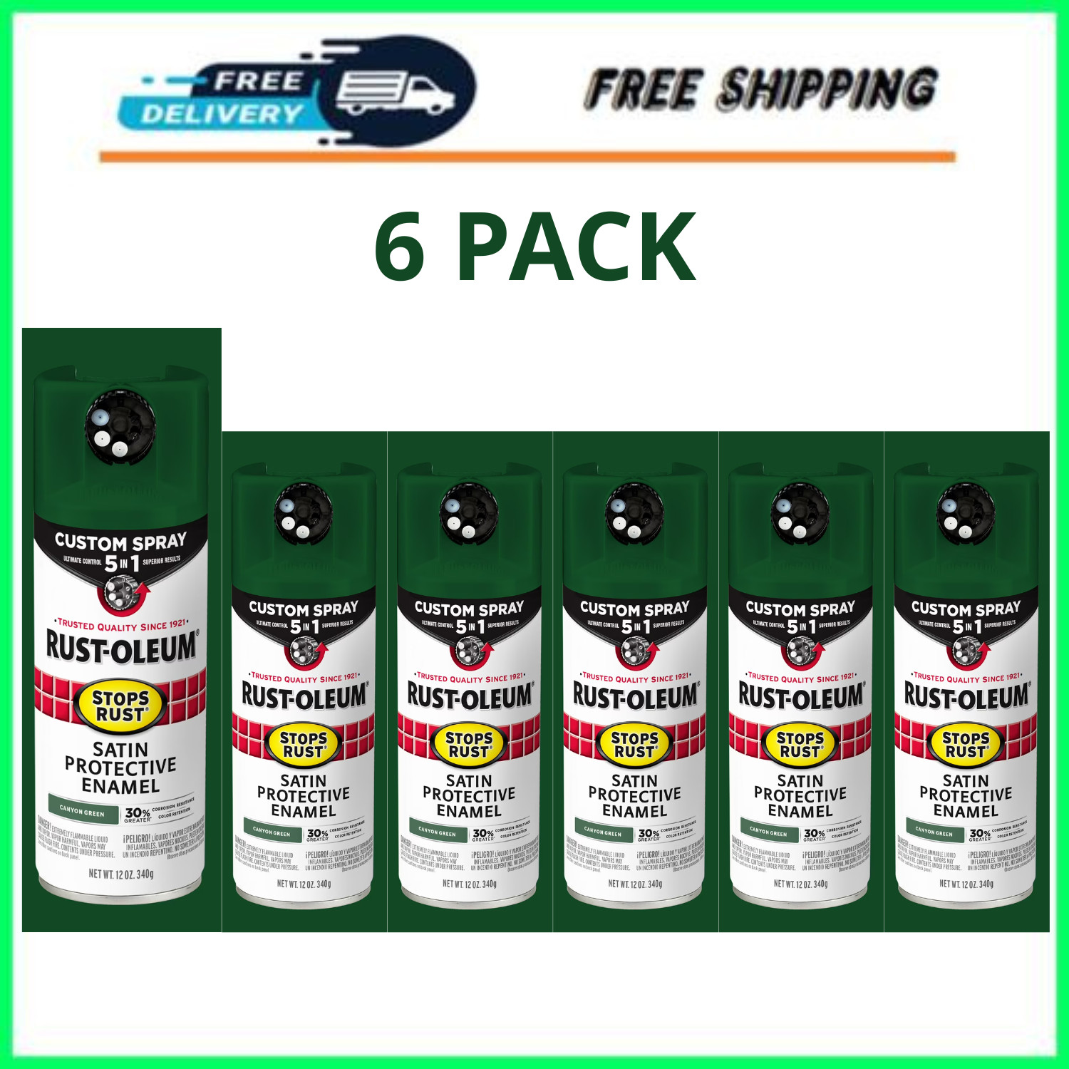 Rust-Oleum Stops Rust Custom Spray 5-in-1 Satin Canyon Green 12oz, 6 Pack