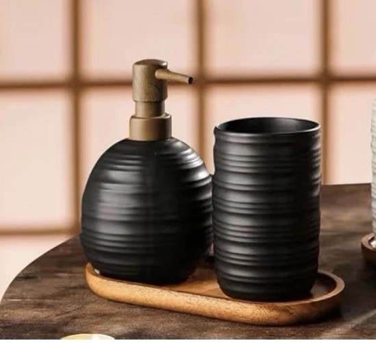 3-Piece Ceramic Bathroom Set with Acacia Wood Tray Bathroom Organizer, Black