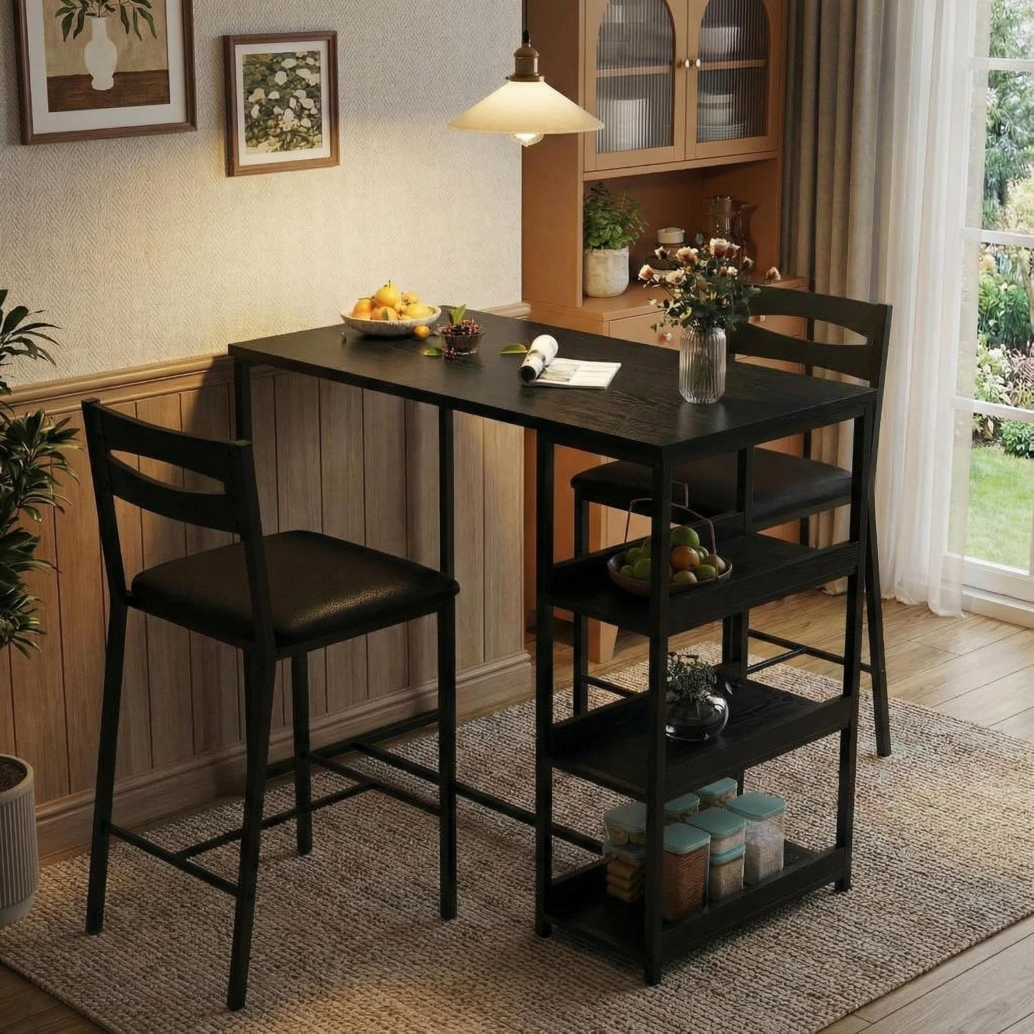 Dining Table Set for 2, Wood Table with Upholstered Chairs | Kitchen Table with