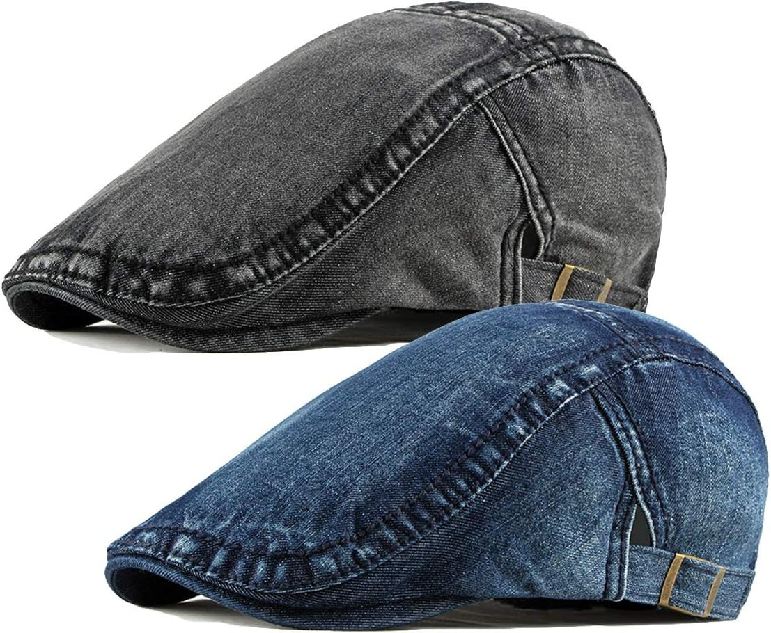 2 Pack Mens Denim Cotton Newsboy Cap Ivy Gatsby Driving Hunting Cabbie Hats