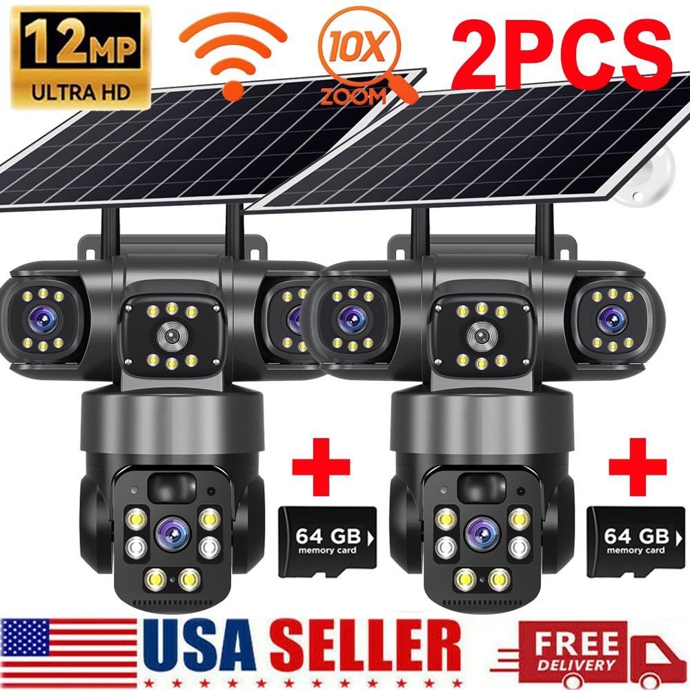 3 Lens 12MP Solar Battery Home Security Camera Outdoor Wifi Wireless PTZ CCTV US