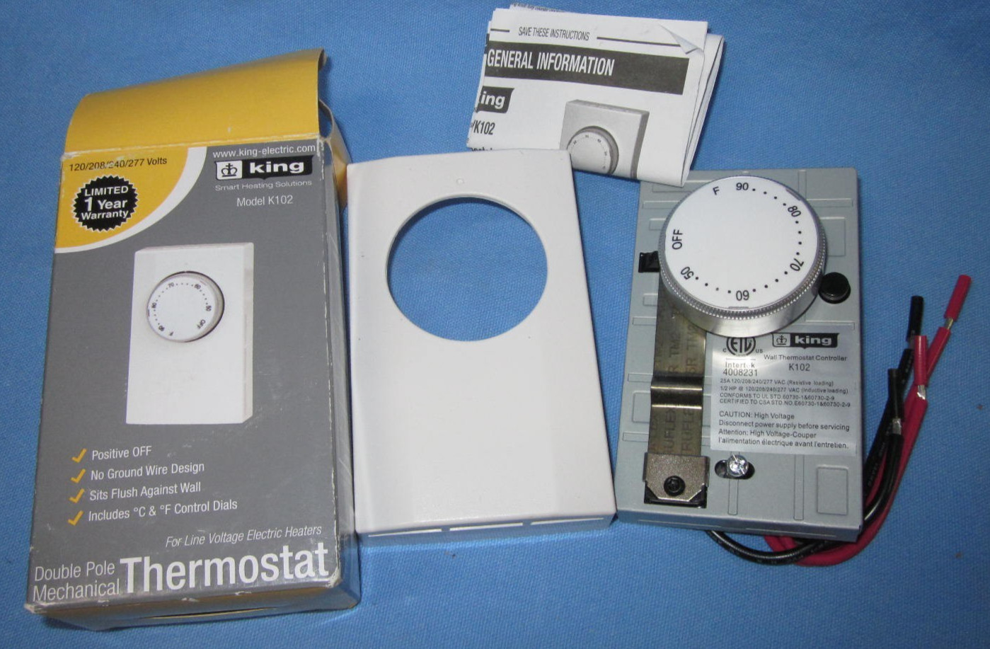 King Electric K102 Double Pole Line Voltage Thermostat White 6232