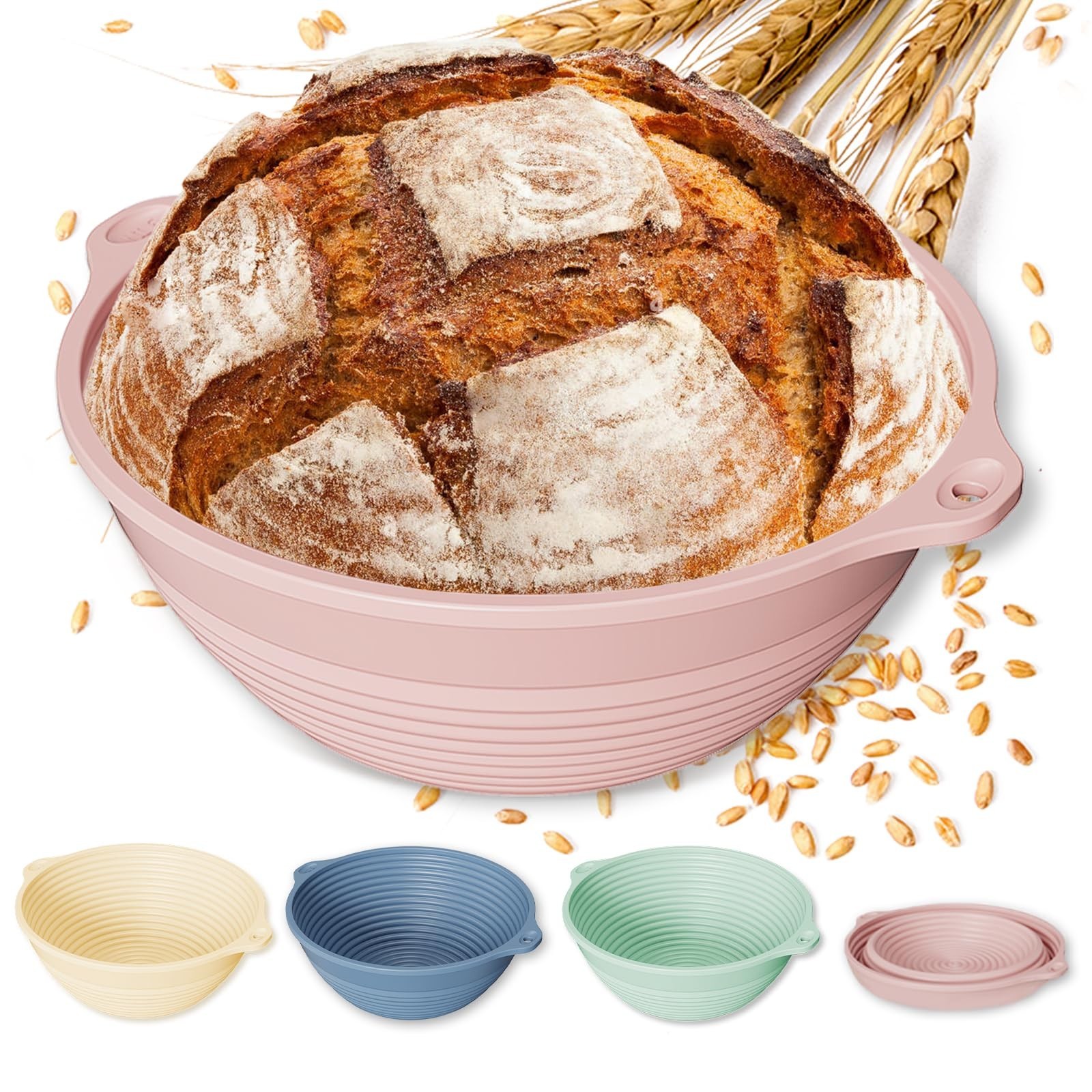 4Pcs 9" Silicone Banneton Bread Proofing Baskets with Dual Handles | Non-Stic...