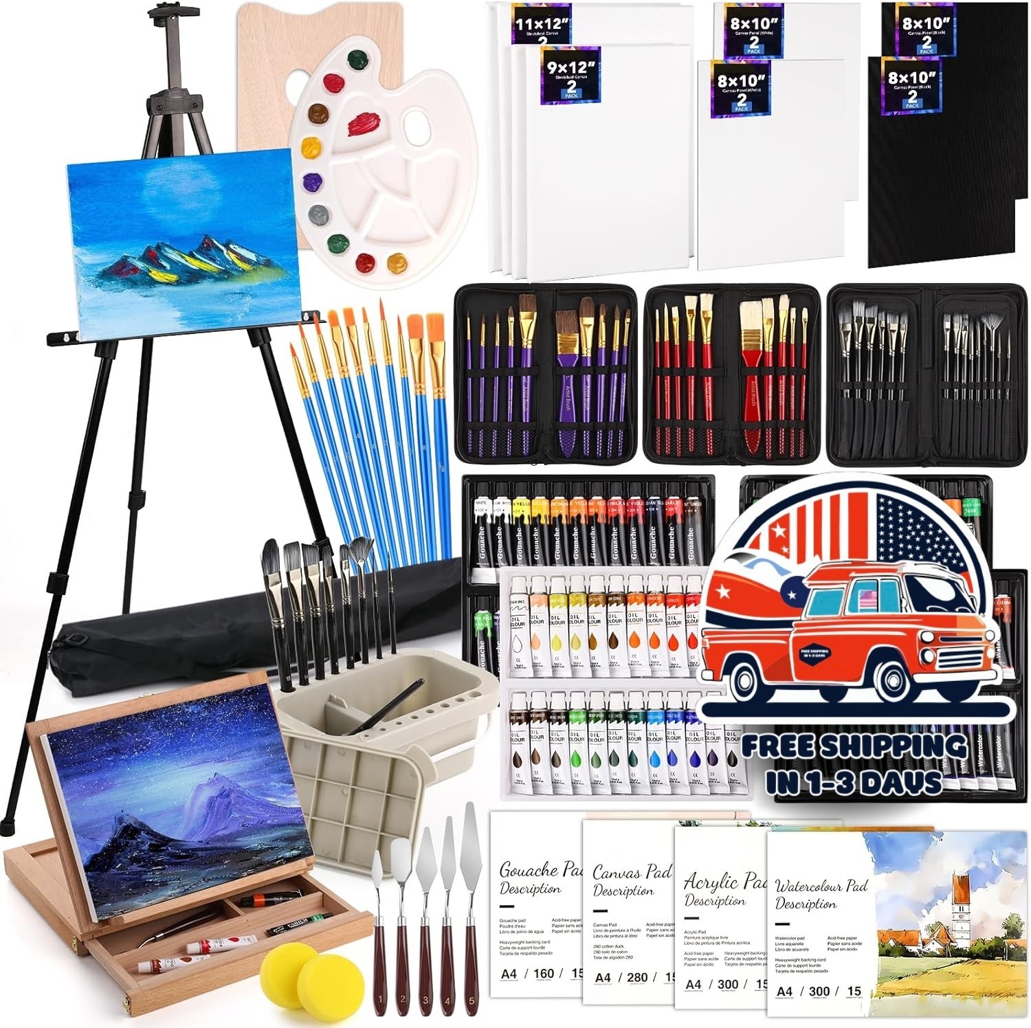 Kit De Pintura 96 Colores Con 2 Caballetes Pinceles Lienzo Y Papel Para Artistas