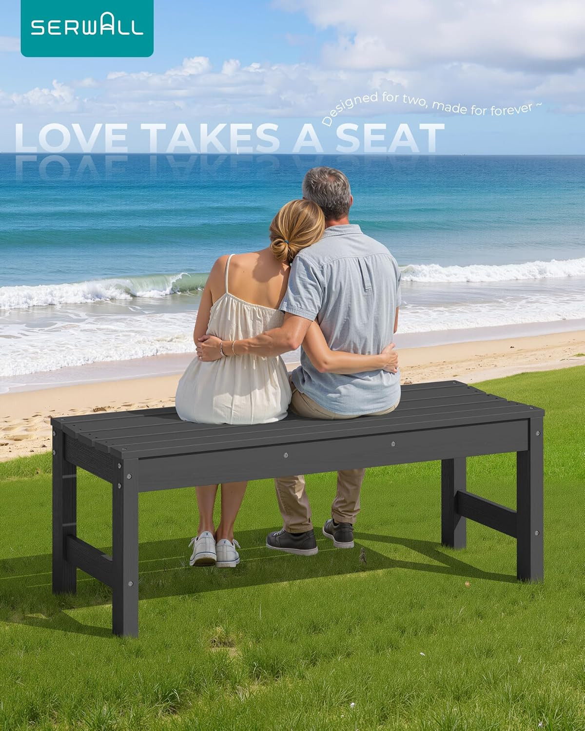 47 Inches Outdoor Bench, All Weather HDPE Backless Bench with Wood Grain Texture