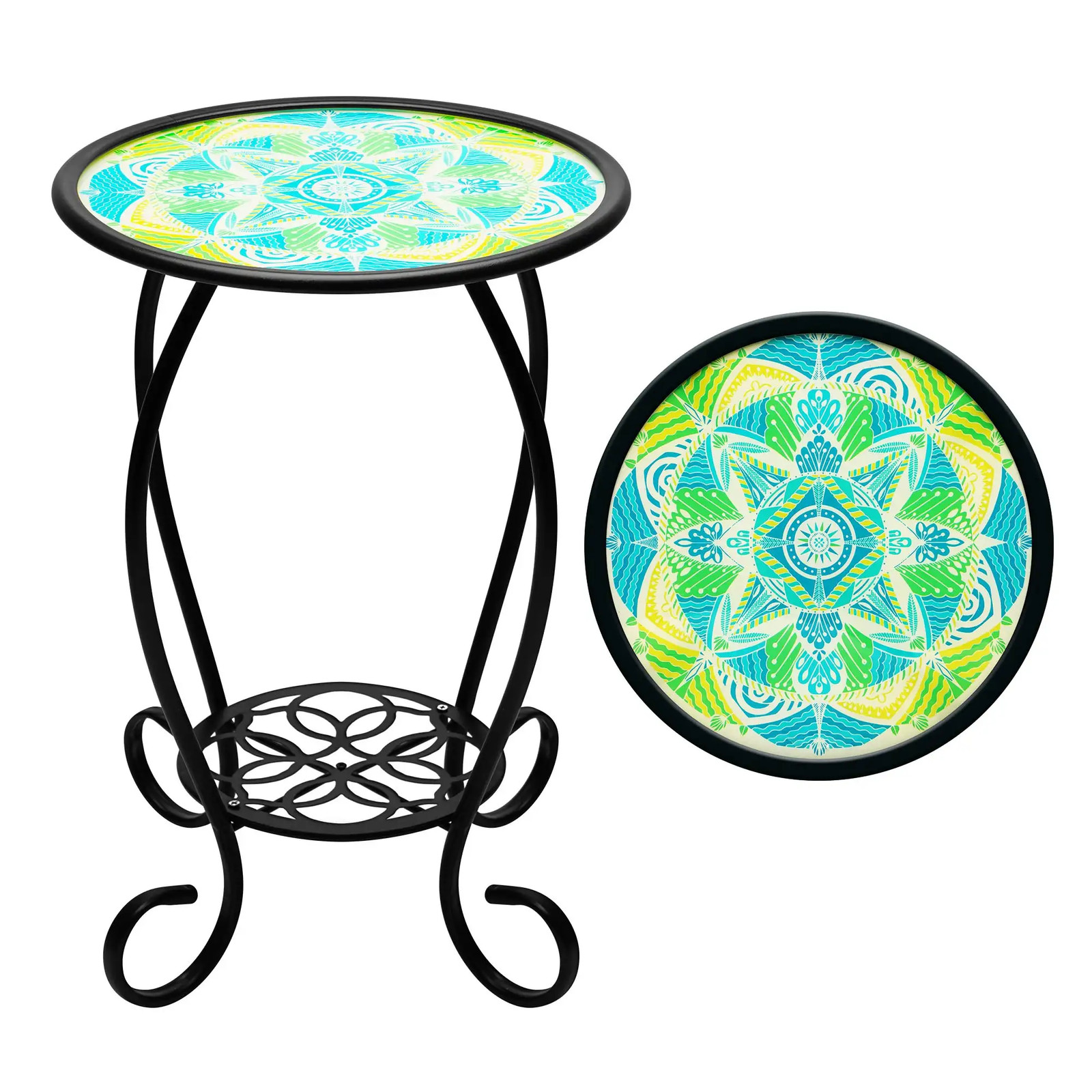 G128 14 in Round Glass Outdoor Side Table Mandrake Pattern Plant Stand