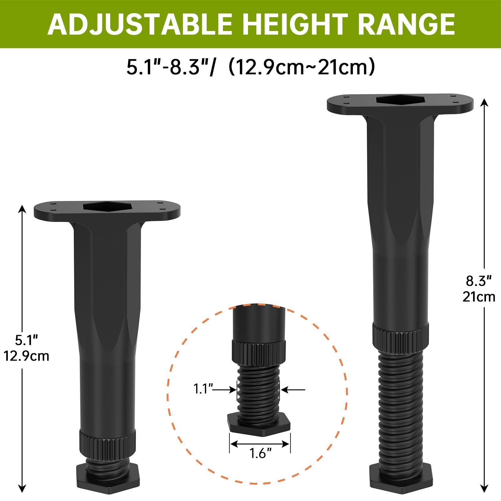 6 PCS Adjustable Height Bed Support Legs (5.1"-8.3") Bed Frame Legs for King Que