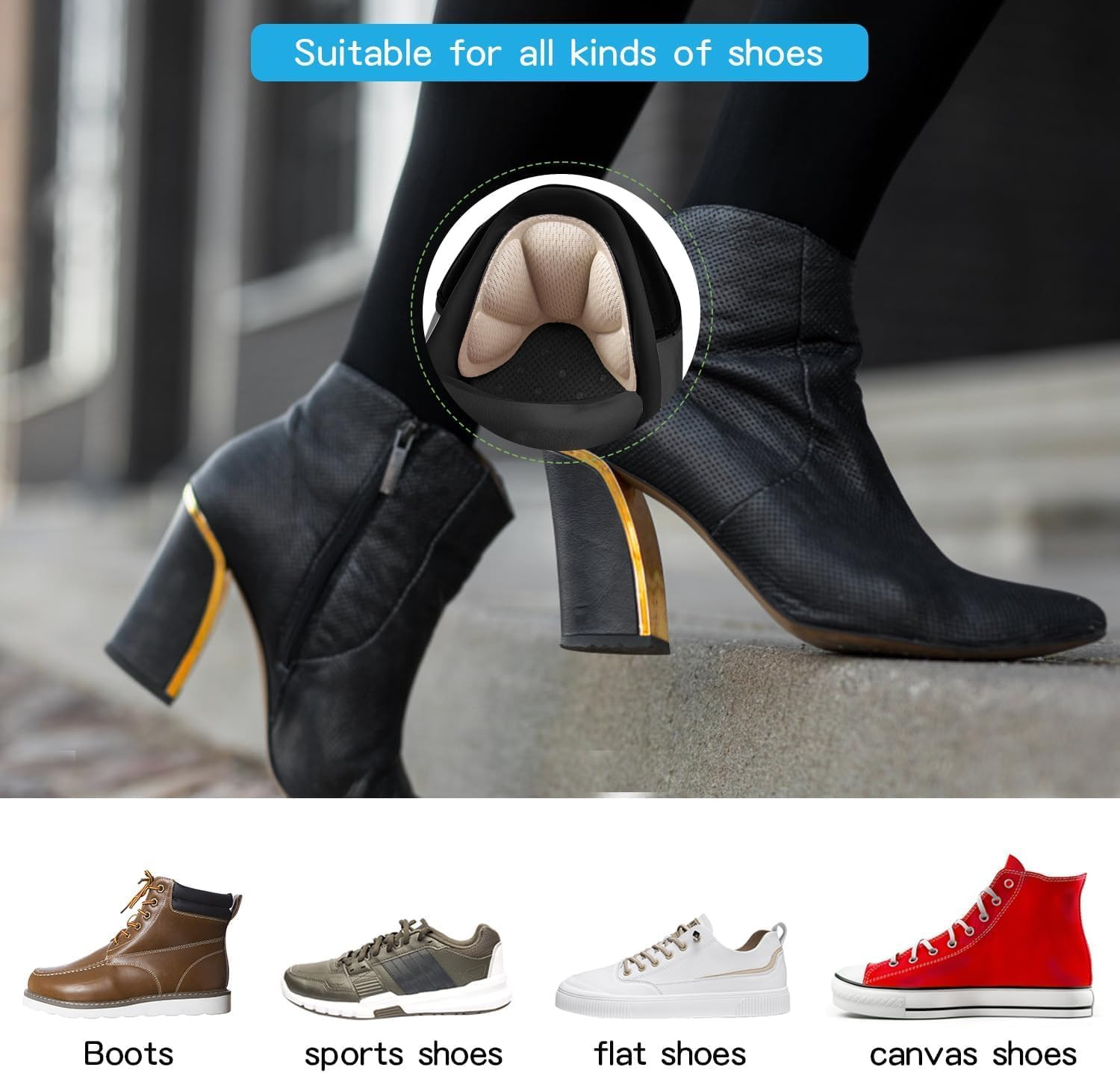 Adhesive Heel Cushion Pads, Back of Heel Grips Inserts for Too Big Loose Shoes,