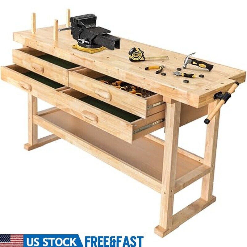 Wood Workbench 4 Drawer Rubberwood Heavy Duty Garage Workshop 450lbs Capacity US