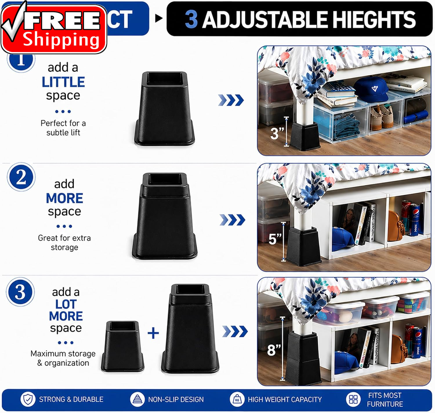 Adjustable Bed Risers - Elevation in 3, 5 or 8 Inch - Heavy Duty Stackable Furni