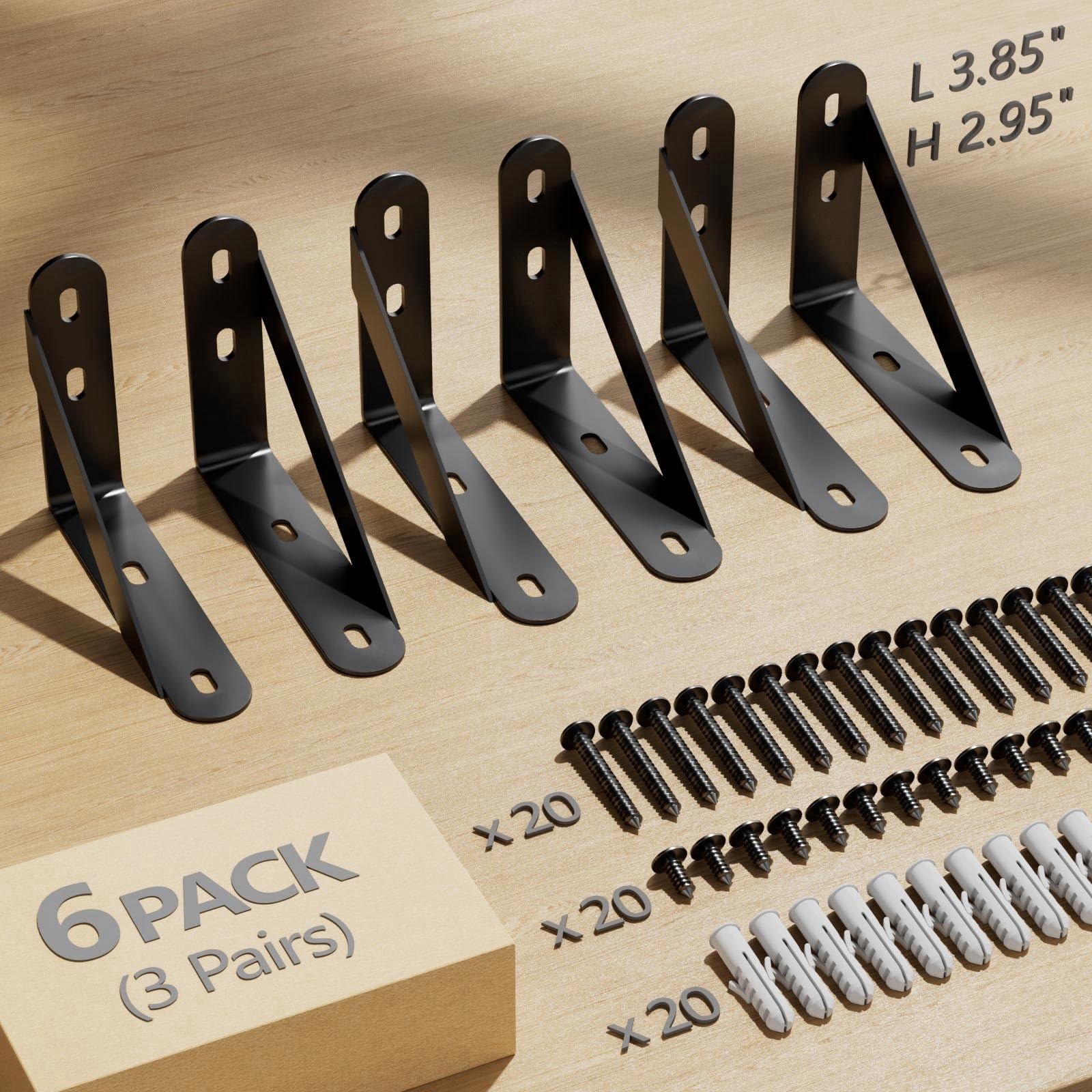 4x3 Shelf Brackets 6 Pack Wall Mount Includes Screws Anchors (Black)