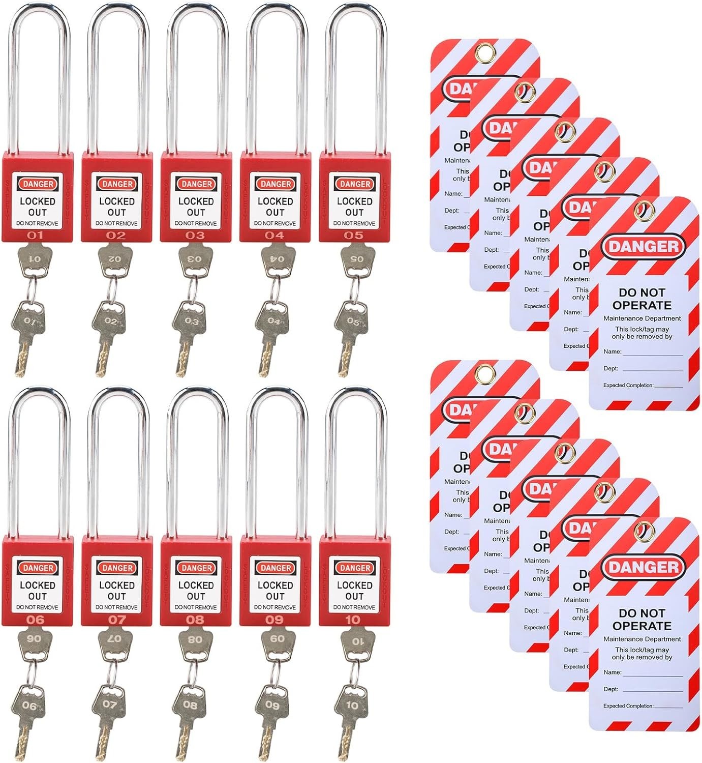 RealPlus Lockout Tagout Locks Set - 10 Red Lockout Locks Keyed Different