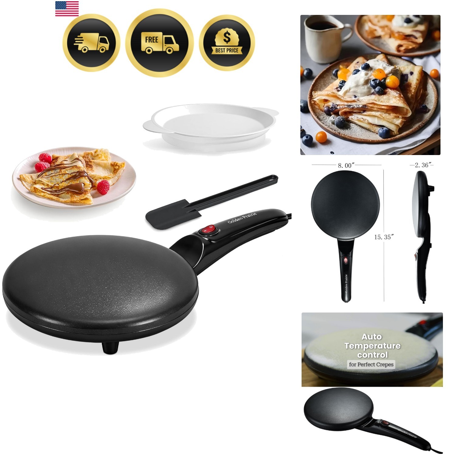 Electric Crepe Maker, 8" Crepe Pan Nonstick with Batter Spreader & Dipping Tr...