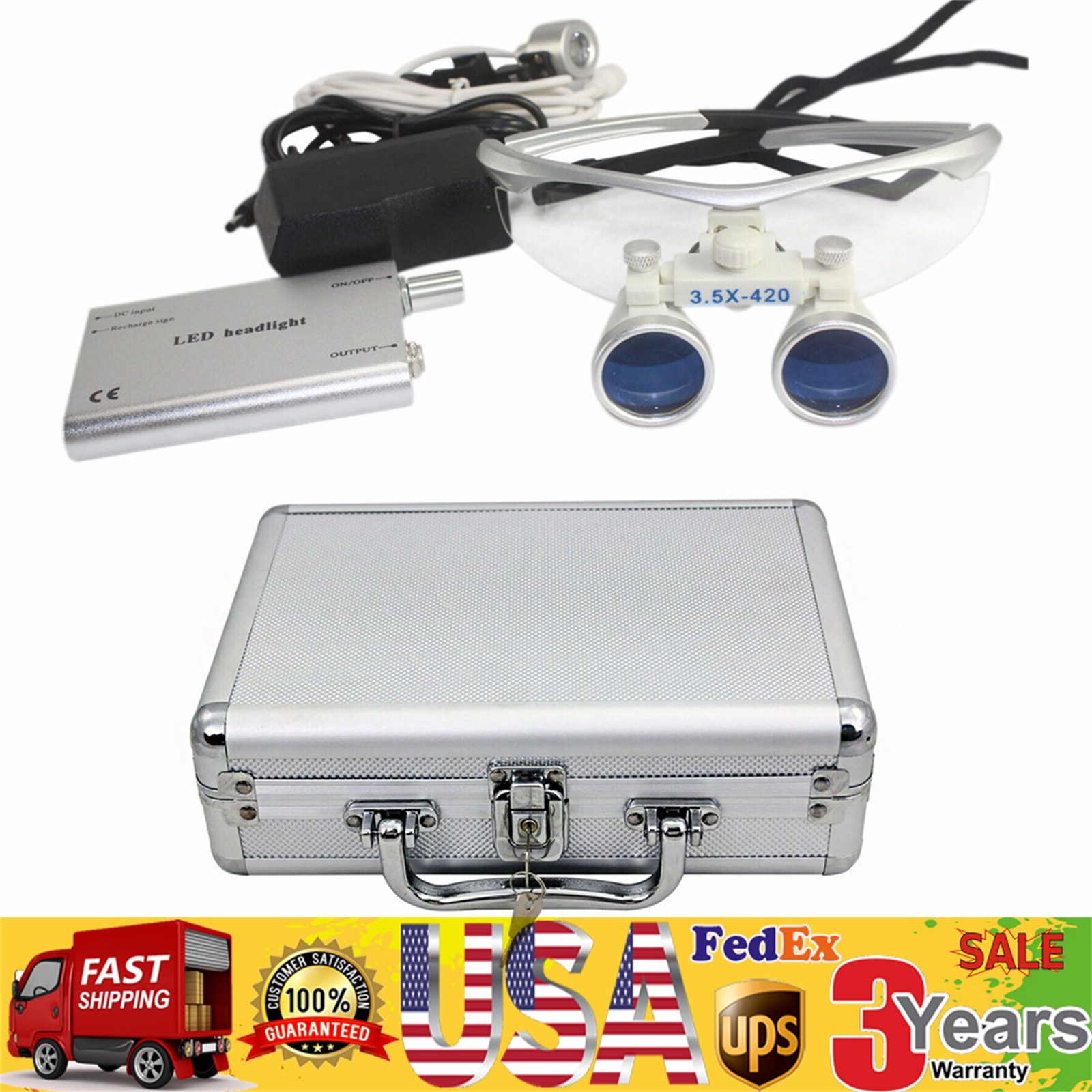 Dental Medical Surgical Binocular Loupe Magnifier Glasses + LED Head Light US！