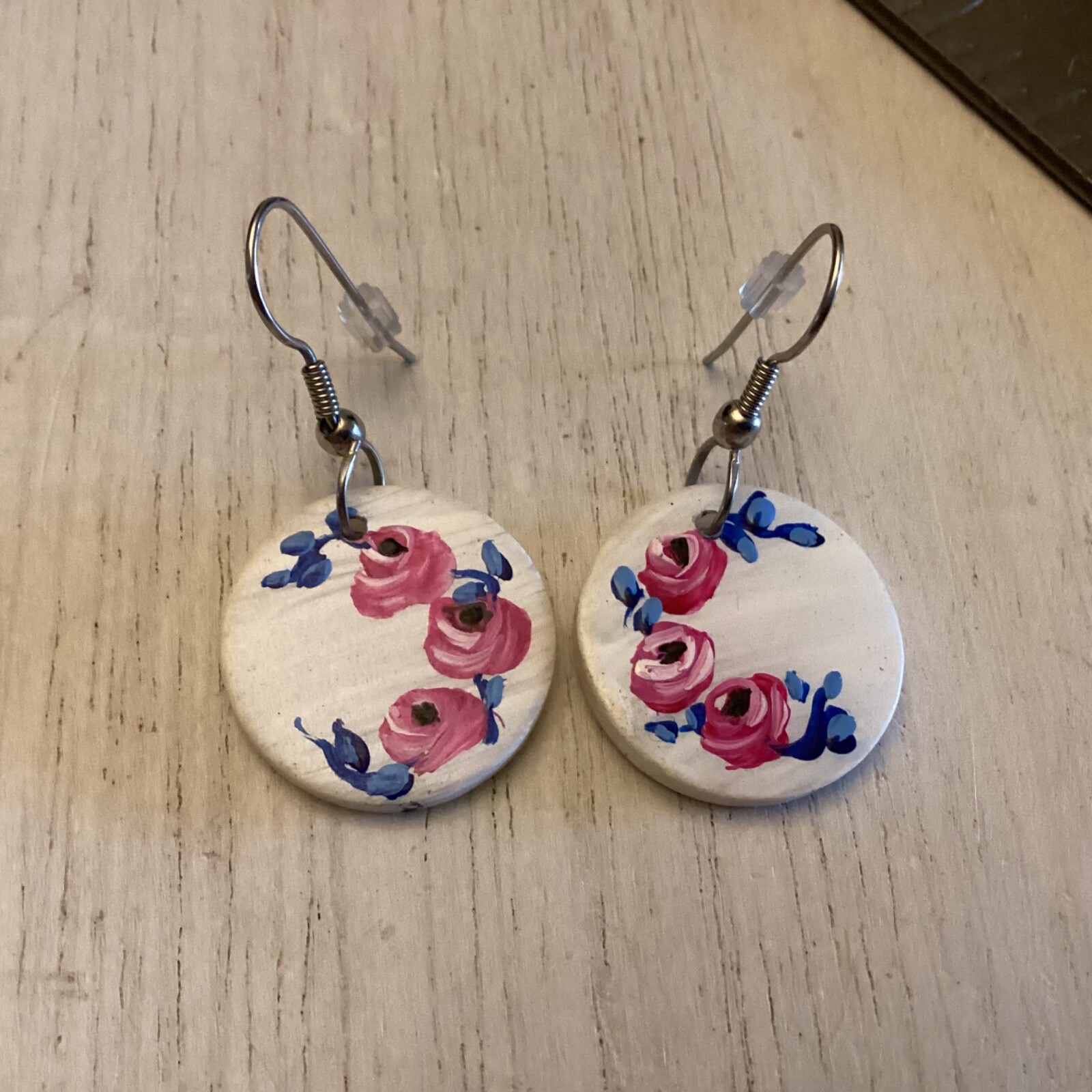 Vintage Estate Lucite & Hand Painted Pink and Blue Flower Disk Fishhook Earrings