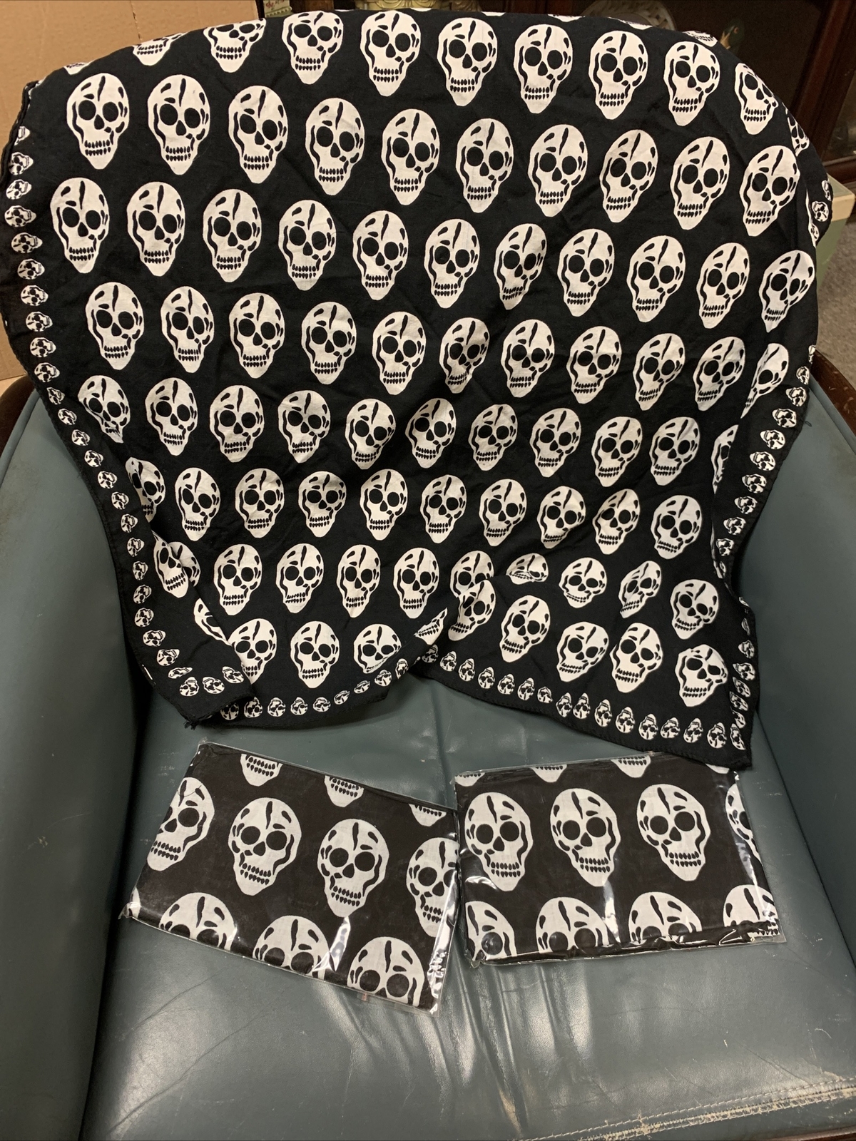 Qty 2 Black with White Skulls Bandana Headwear Scarf Mouth covering 27" square