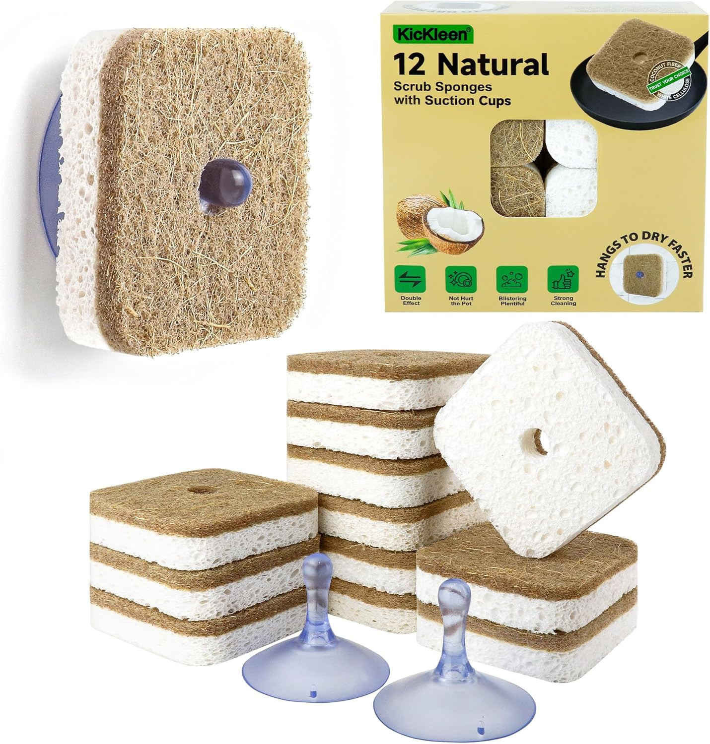12Pack  Natural Kitchen Scrub Dish Sponge with Suction Hanger Biodegradable Comp