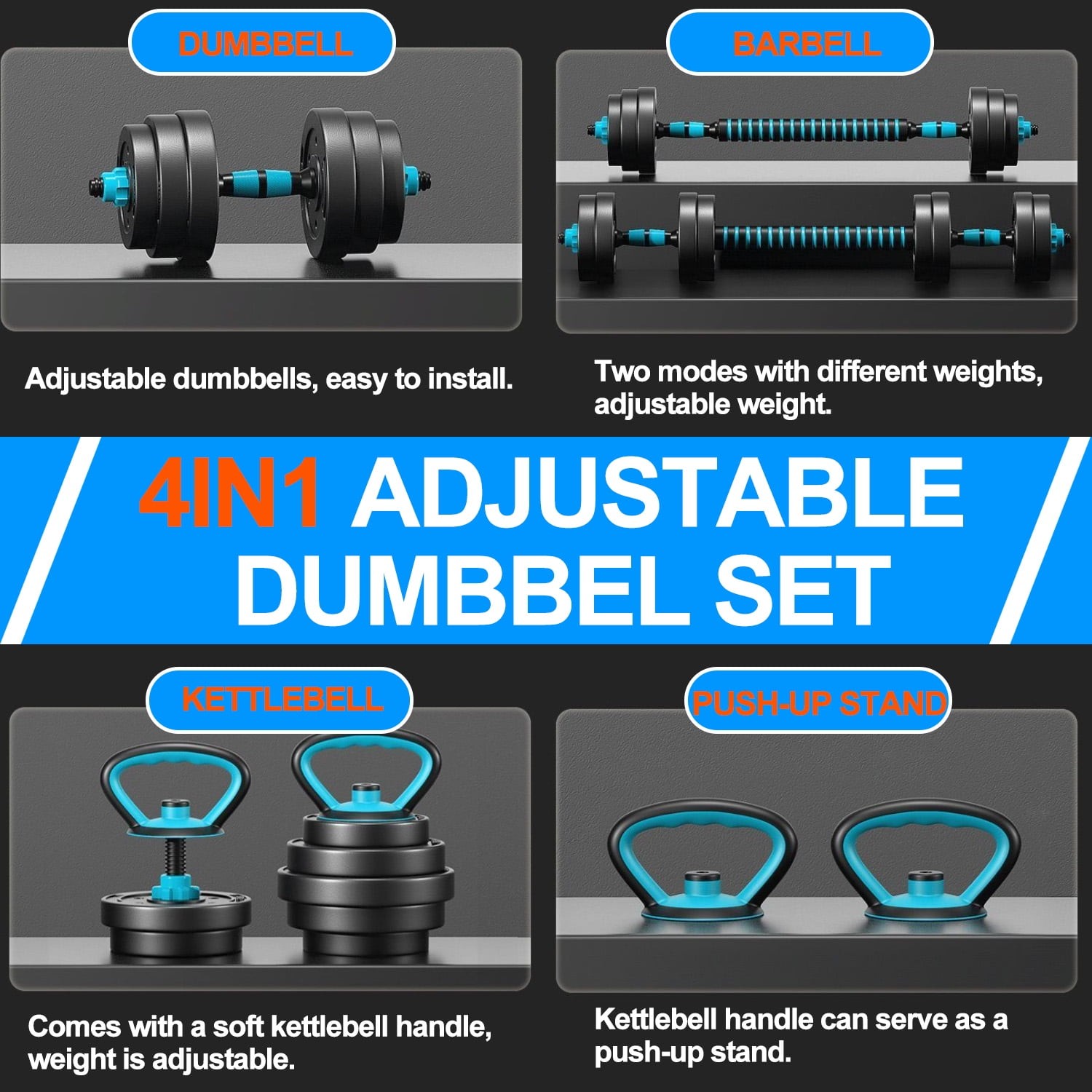 Adjustable Dumbbells, Portable Changeable Dumbbell, Kettlebells, Push up Stand