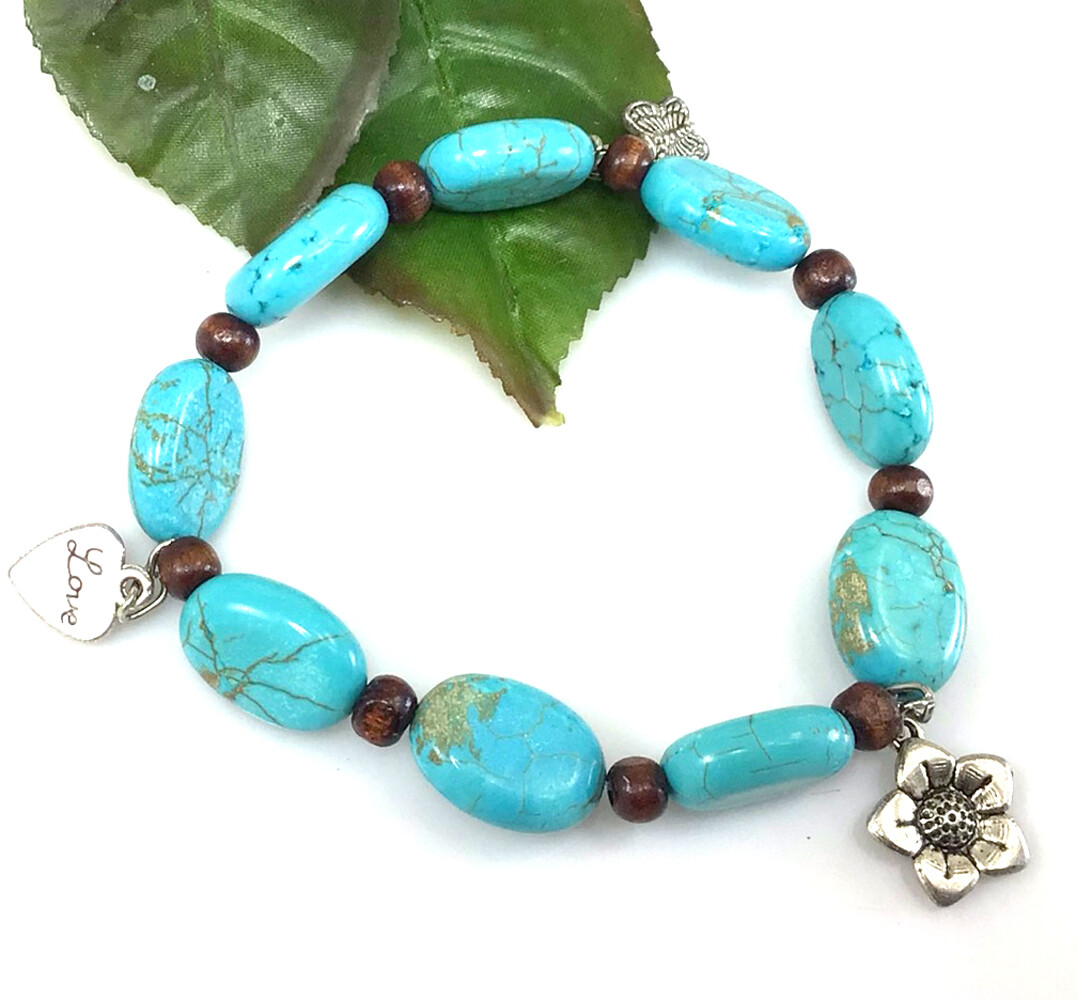 Woman Fashion Jewelry Gift Blue Turquoise & Wood Beads Stretch Bracelet 8"