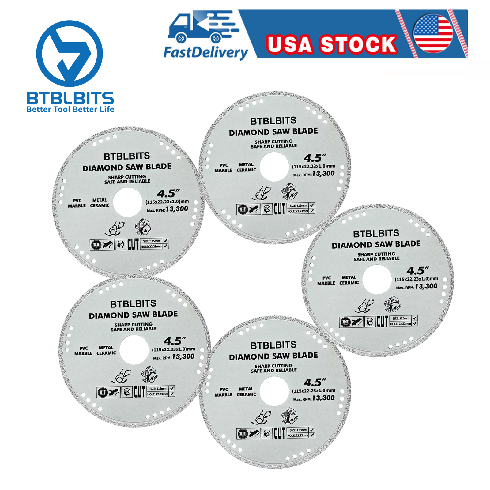 5pcs 4.5'' Diamond Saw Blade Cut Off Wheel for Metal Steel Tile Ceramic Marble