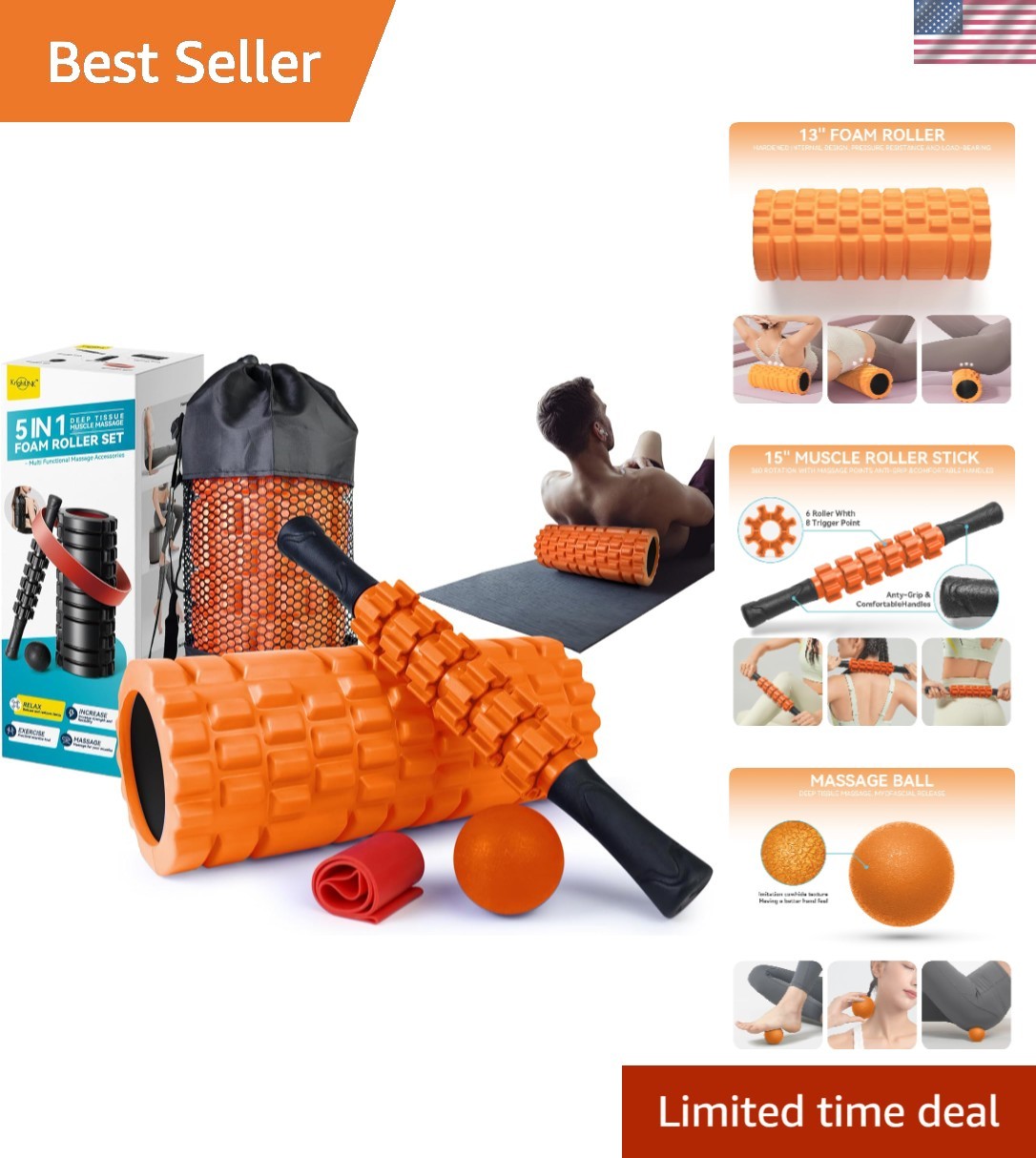 Whole Body Muscle Recovery Kit: 5 in 1 Foam Roller Set with Stretching Strap
