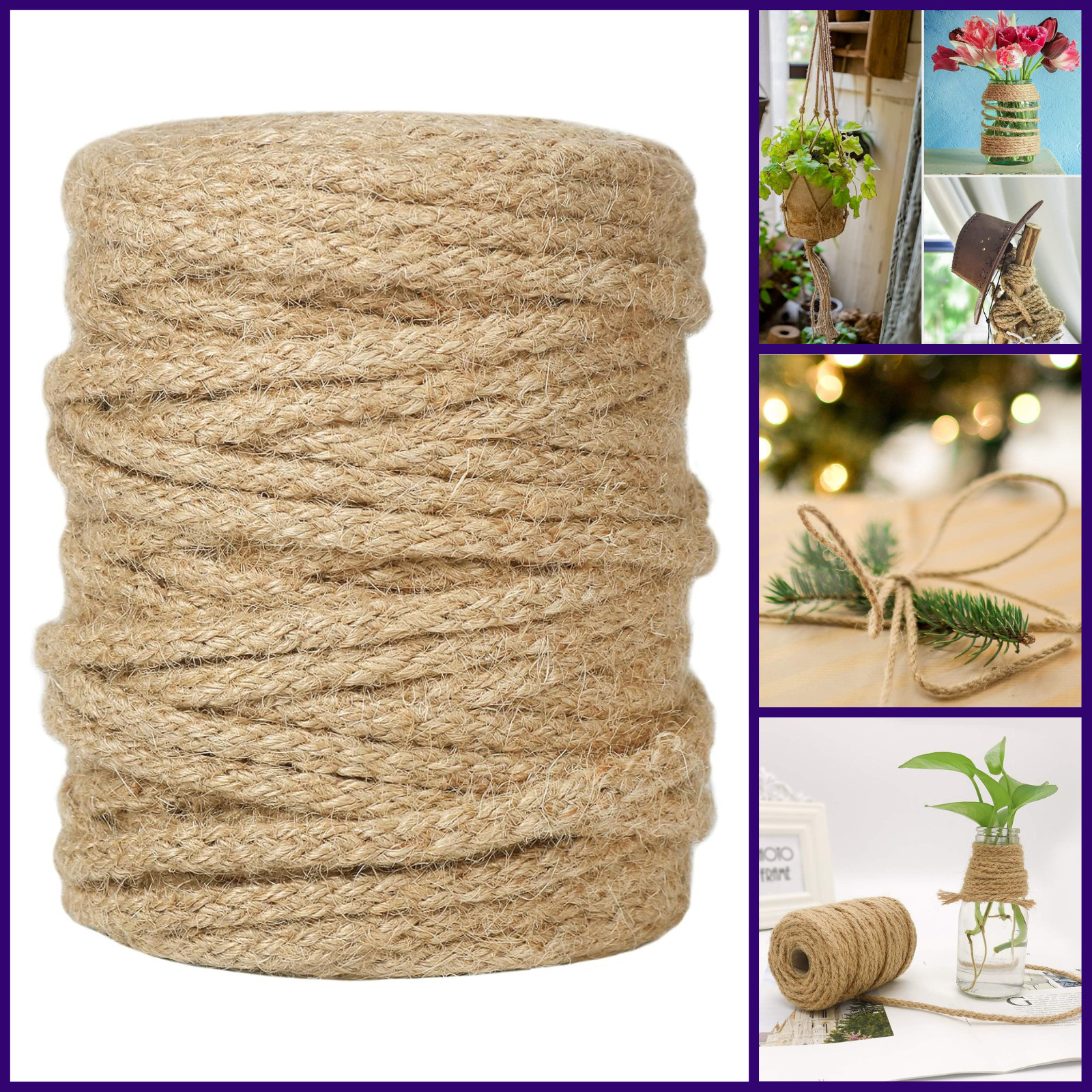 100FT 5MM Natural Braided Jute Twine Rope Thick Craft Garden Macrame Cord