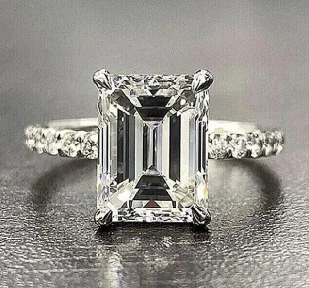Emerald Cut White Moissanite 3.60 Ct Prong Engagement Ring 925 Sterling Silver