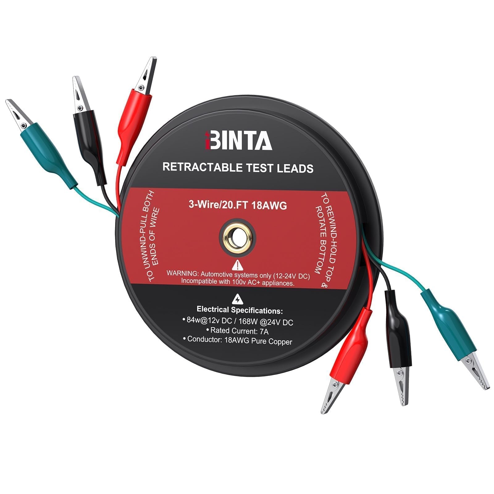 3 Wire 20 Ft Retractable Test Leads, Red/Black/Blue Alligator Clips
