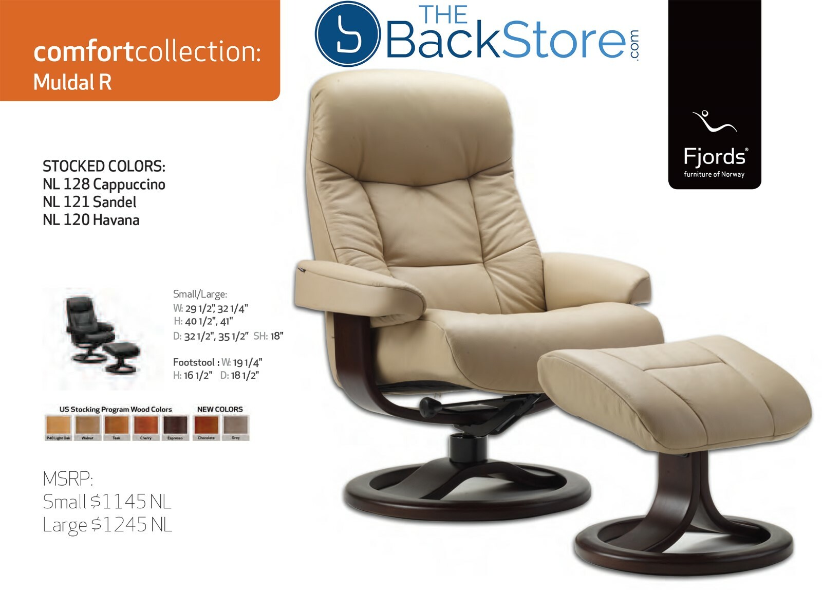 Fjords Muldal Large Recliner Comfort Chair - Havana Leather - Walnut Wood Stain