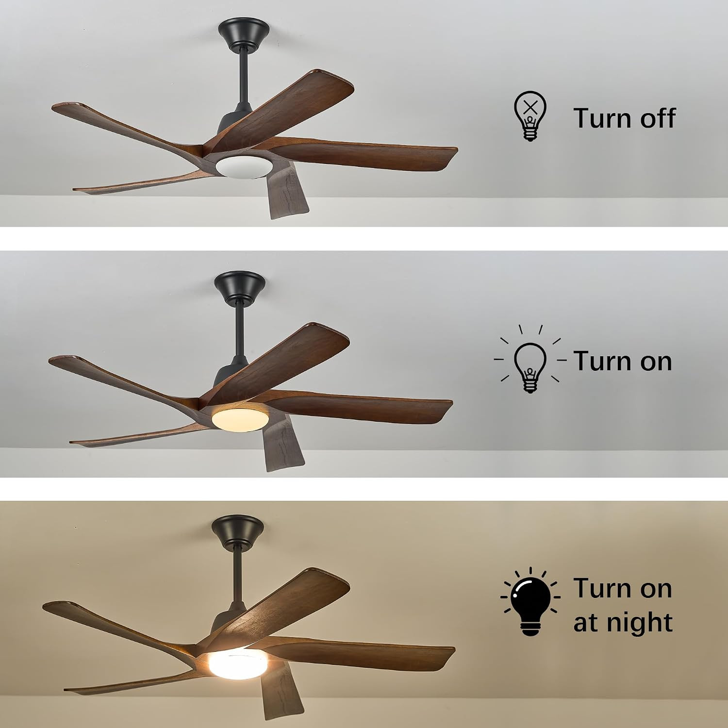 52" Solid Wood Ceiling Fan with Light, (Dark Walnut) | 6-Speed Reversible Quiet