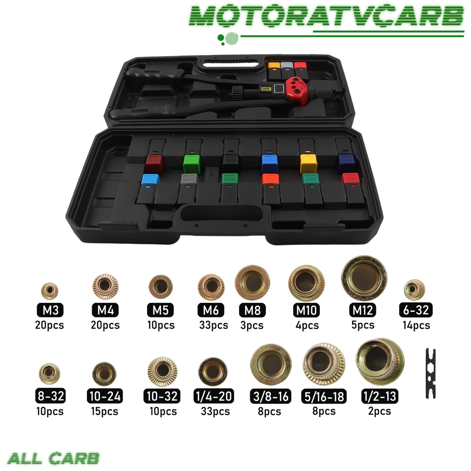 ALL-CARB 16" Rivet Nut Tool 15 Mandrels 200Pc Nutsert Rivnut Gun W/ Storage Case