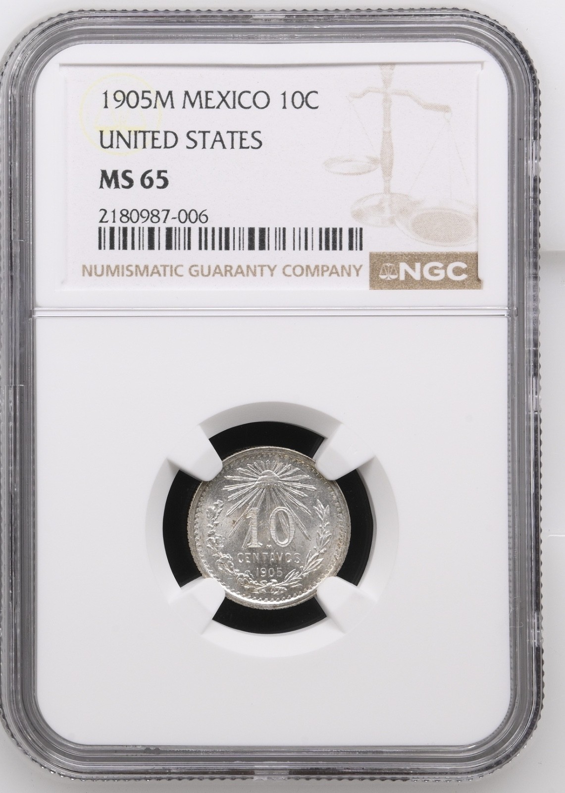 MEXICO ESTADOS UNIDOS 1905  10 CENTAVOS COIN NGC CERTIFIED GEM UNCIRCULATED MS65