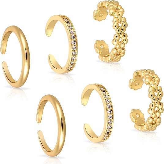 6pcs Toe Rings Set for Women Non Tarnish, Gold Filled No Fading Adjustable 3 Sty