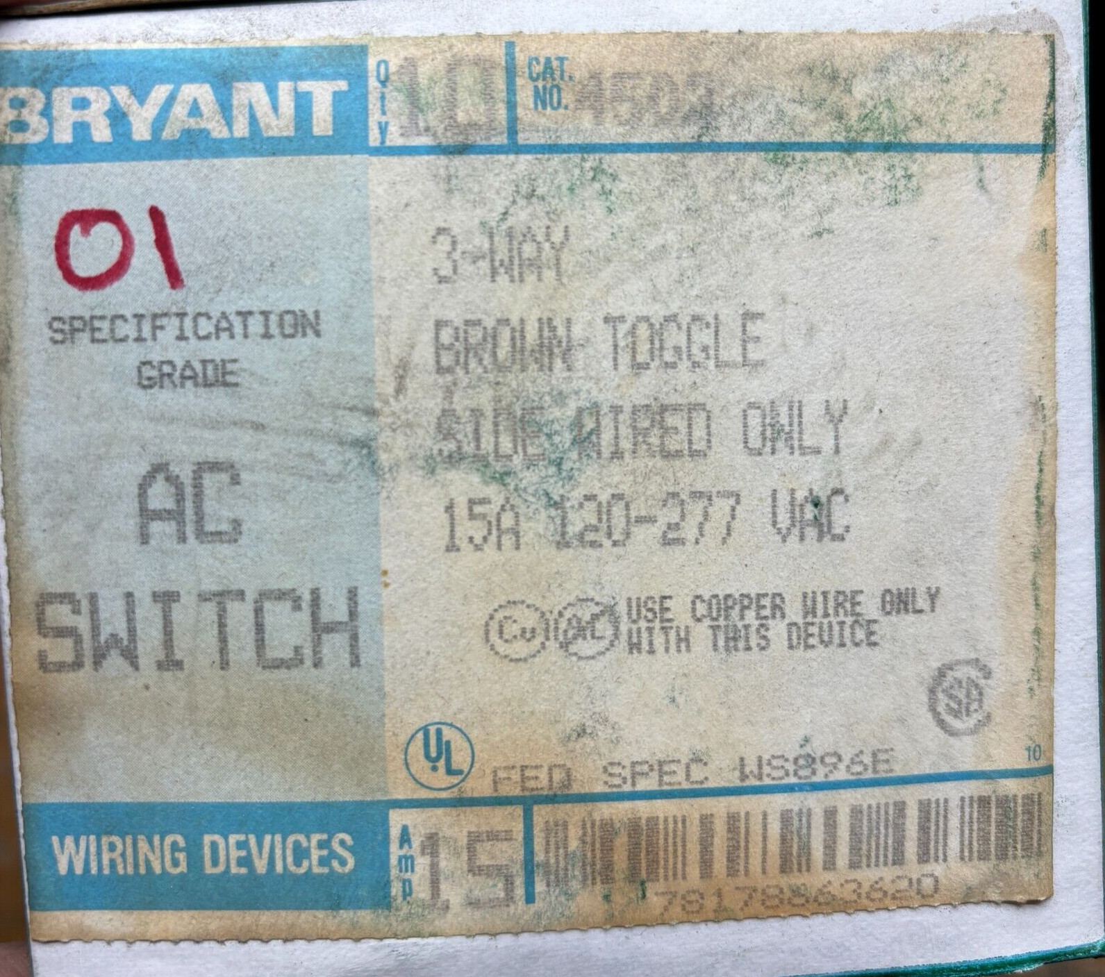 BRYANT4505 SINGLE POLE BROWN TOGGLE AC SWITCH 15A 120/277VAC ⭐