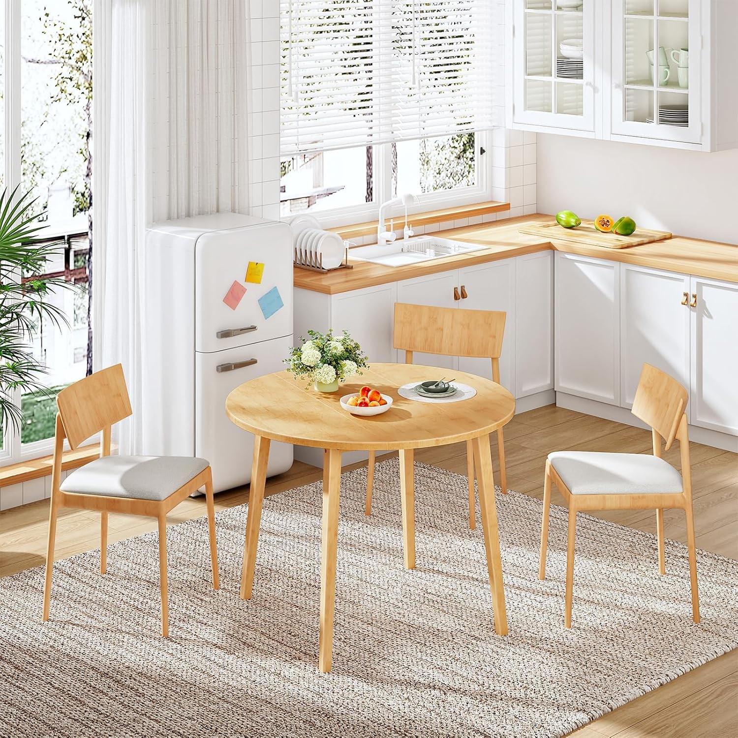 Bamboo Dining Table Round Dining Table 35.4" Kitchen Table for Small Space
