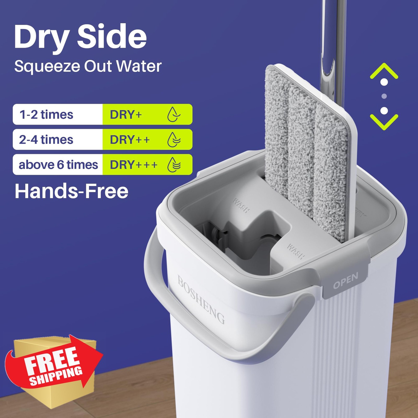 BOSHENG Flat Mop Bucket Set Extensible 60" Handle 2 Microfiber Pads