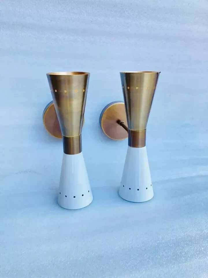 1950's Mid Century Brass Italian Diabolo Wall Sconce Light Fixture 2 Bulb Pair