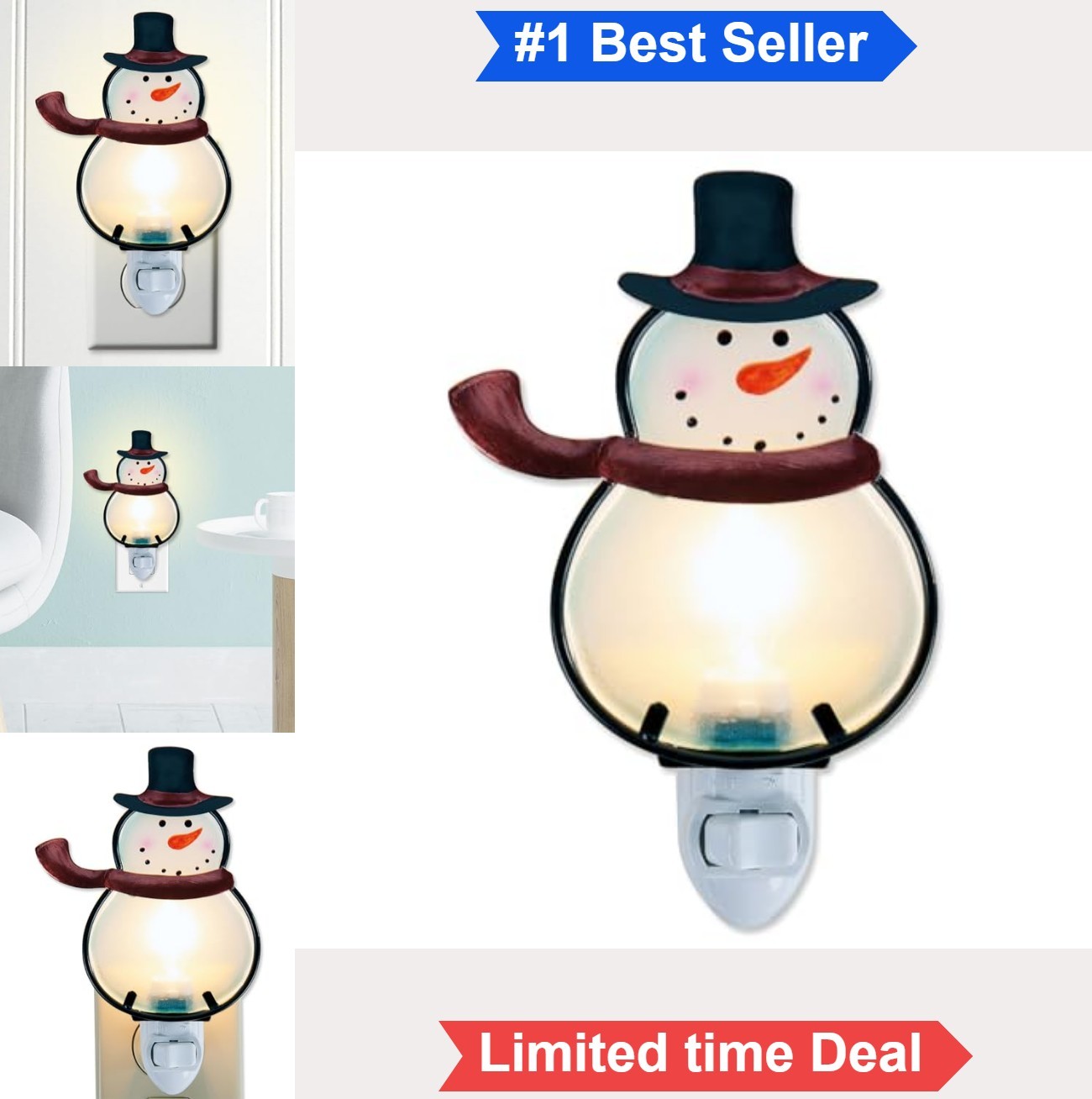 Snowman Christmas Night Light Stained Glass Plug Into Wall 7 Watt Holiday Decor
