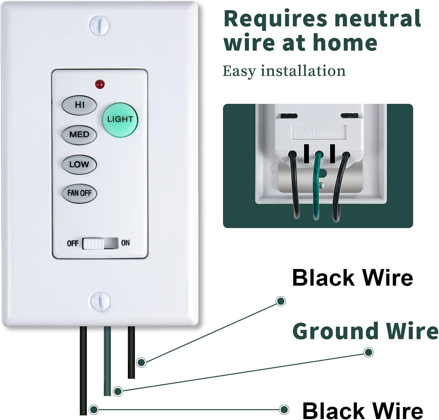 Ceiling Fan Remote Control Wall Switch - White