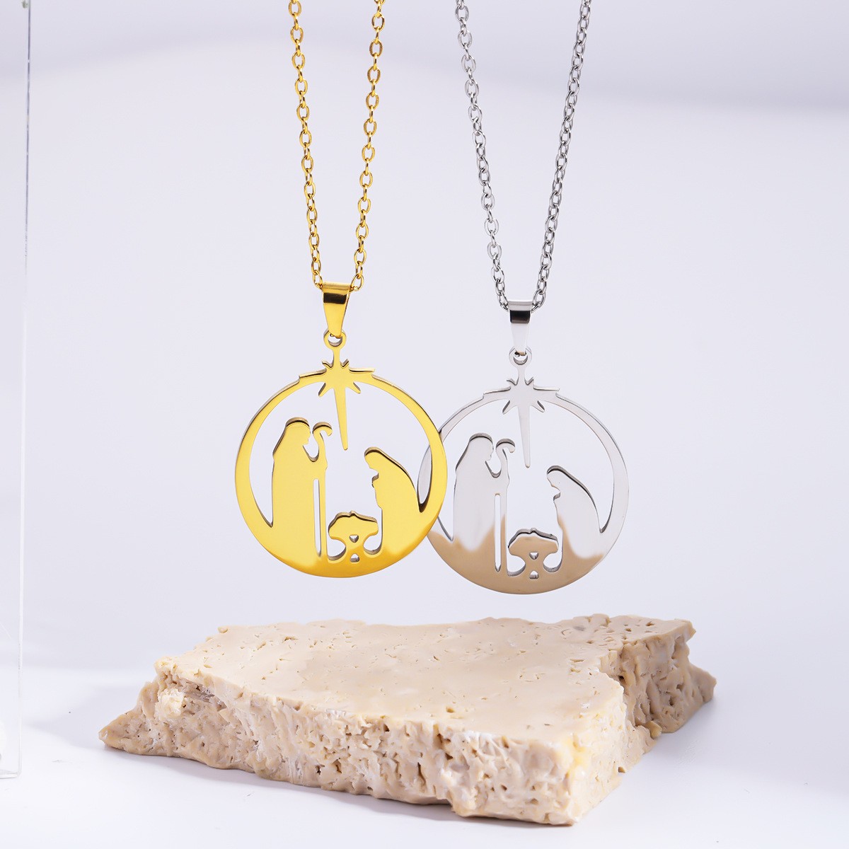 Stainless Steel Praying Hollow Circle Pendant Necklace