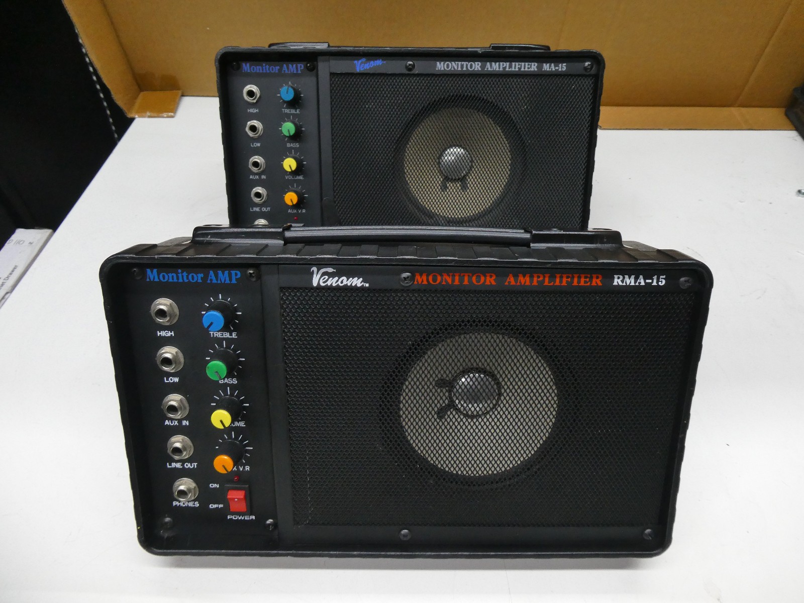 🍀 VINTAGE! Venom RMS RMA-15 MA-15 Powered Monitor Amplifier Bass Amp Pair 15W