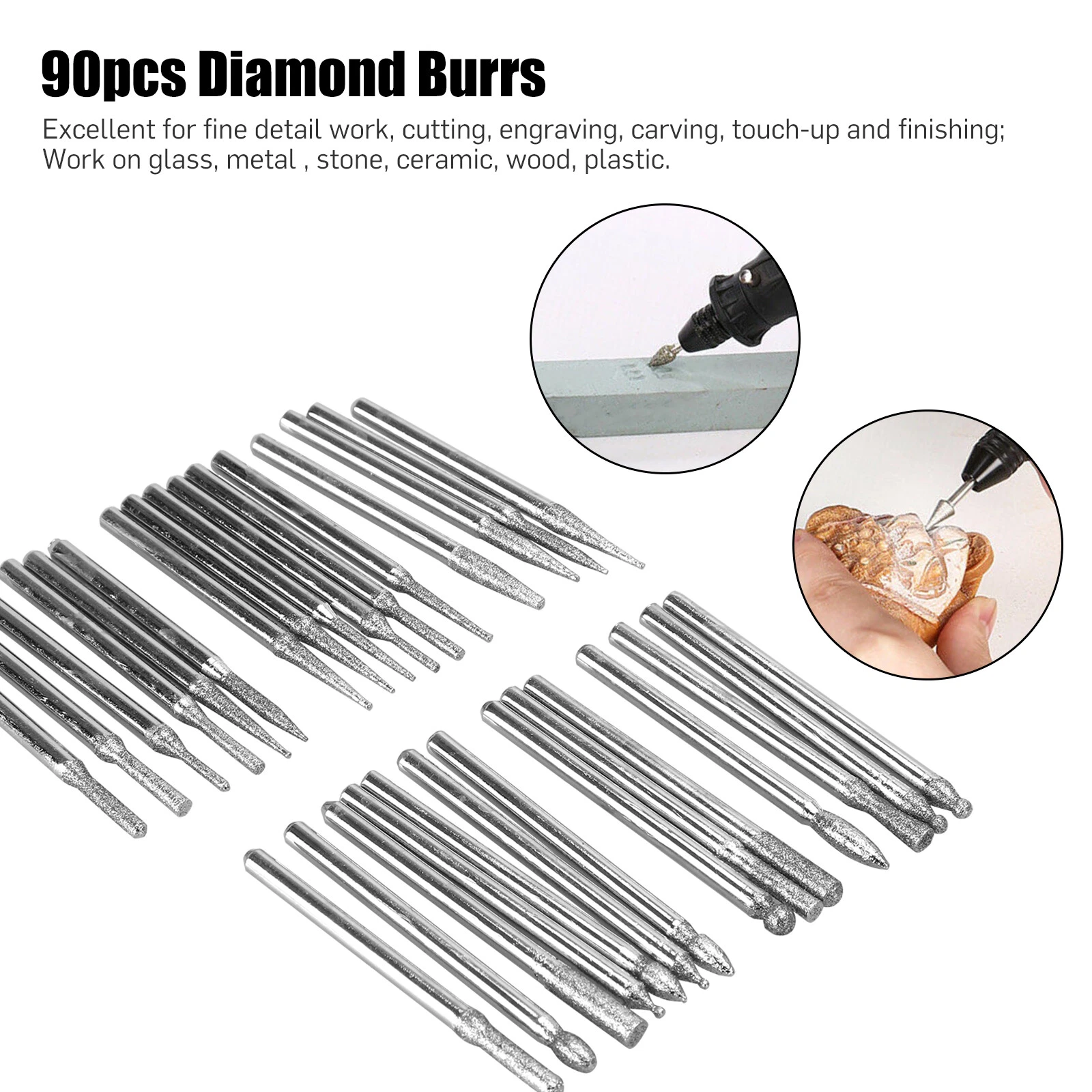 90Pcs 1/8" Diamond Burr Bits Drill Set Rotary Multi Tool Accessories For Dremel