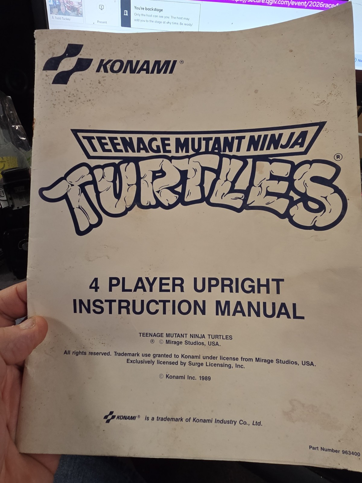 Konami TEENAGE MUTANT NINJA TURTLES Arcade Video Manual - good used original