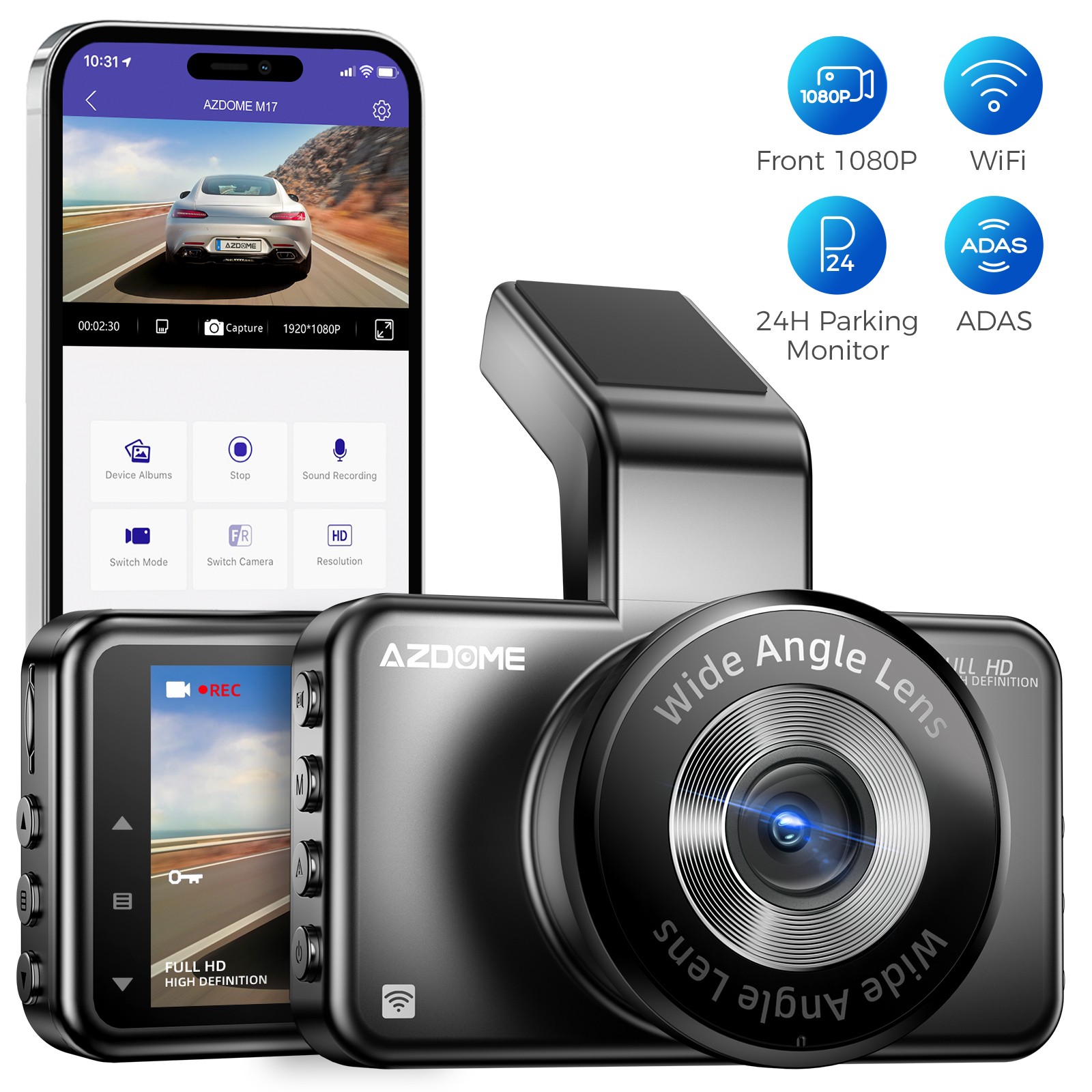 AZDOME 1080P 3" Dash Cam WiFi 24H Parking Monitor ADAS Car DVR Recorder G-Sensor