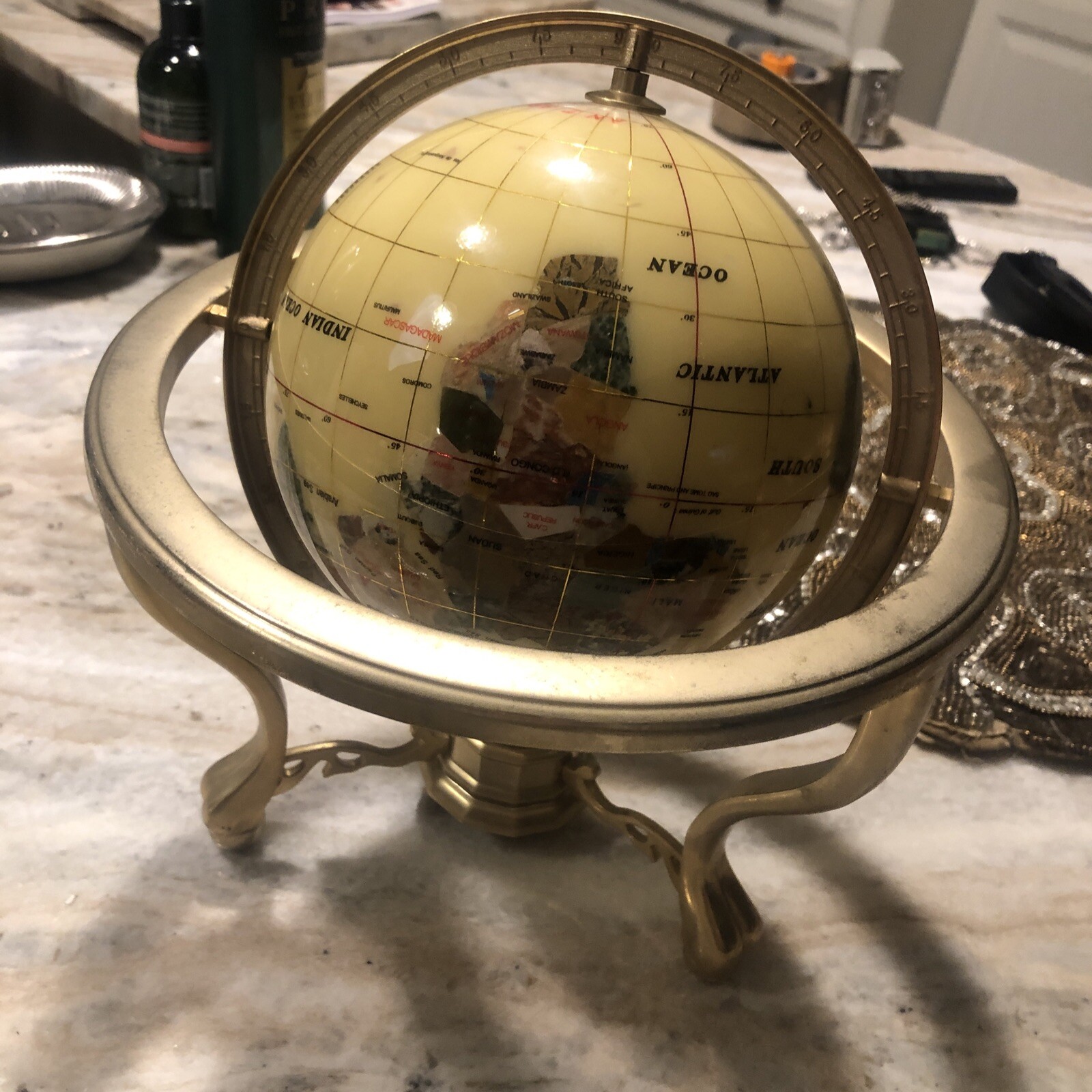 Vintage Jewel Inlaid Desktop Globe With Compass 10x8 Brass