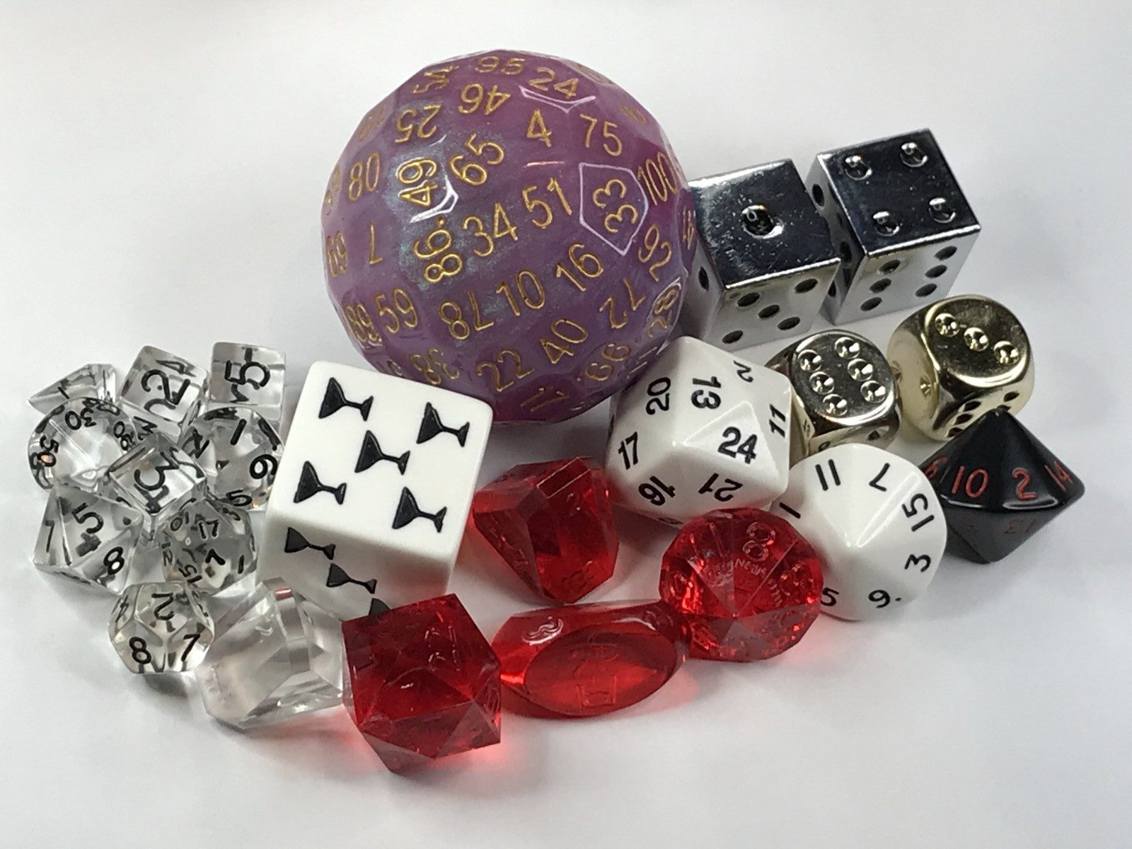 Fun Dice lot - d100 d24 d16 d14 d5 d3 Drinking Game - Gamescience