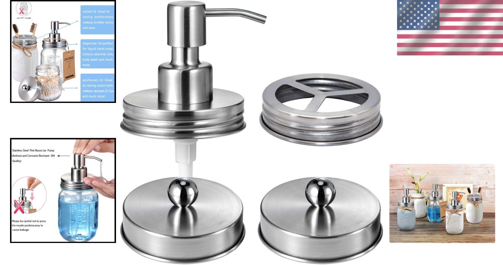 Chic Brushed Nickel Bathroom Accessory Lids Set for Regular Mouth Mason Jars